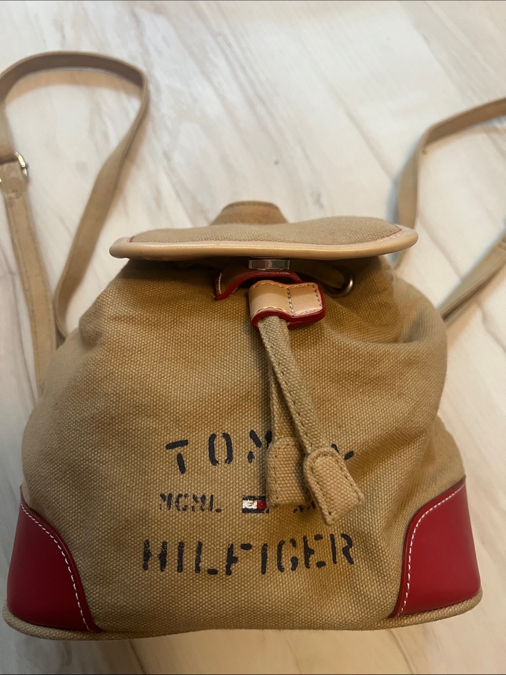 Tommy Hilfiger Tan Canvas Backpack with Red Trim Accents